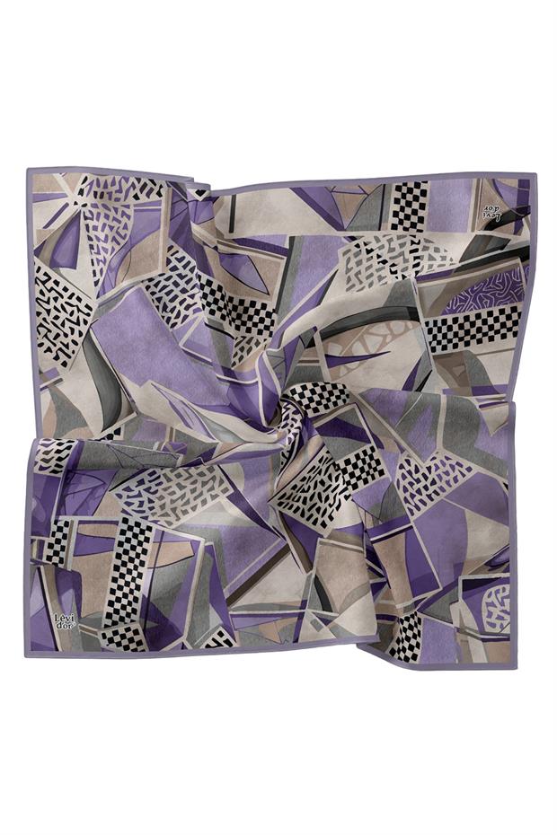 Lila Dama Desen Twill İpek Eşarp