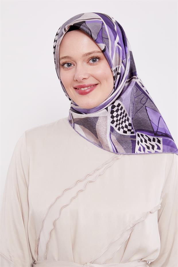 Lila Dama Desen Twill İpek Eşarp