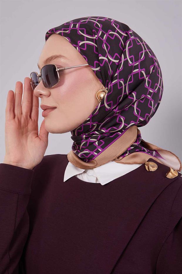 Lila Eliptik Desen Twill İpek Eşarp