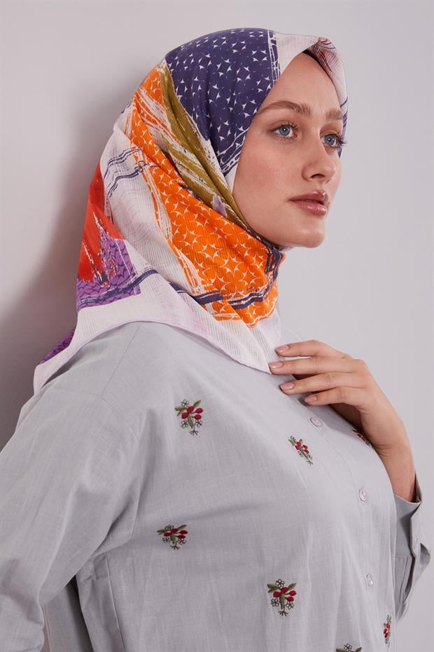 Lila Etnik Desen Pamuk Eşarp