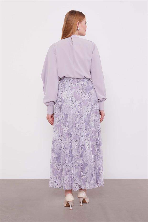 Lila Etnik Desen Piliseli Etek