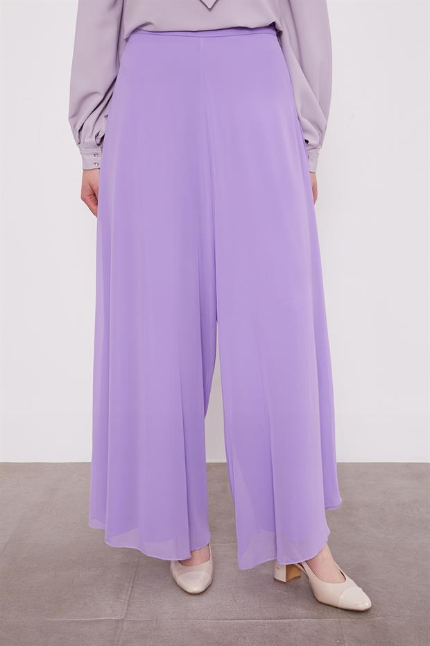Lila Geniş Paçalı Şifon Pantolon