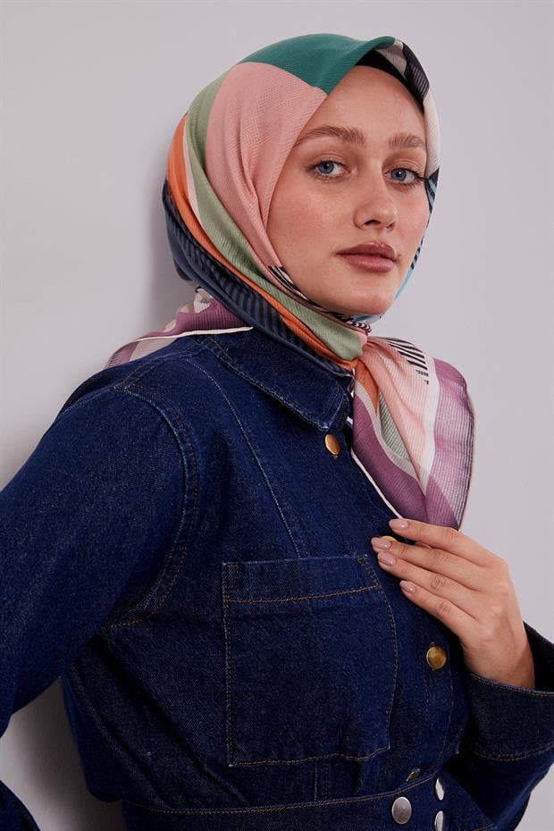 Lila Geometrik Desen Pamuk Eşarp