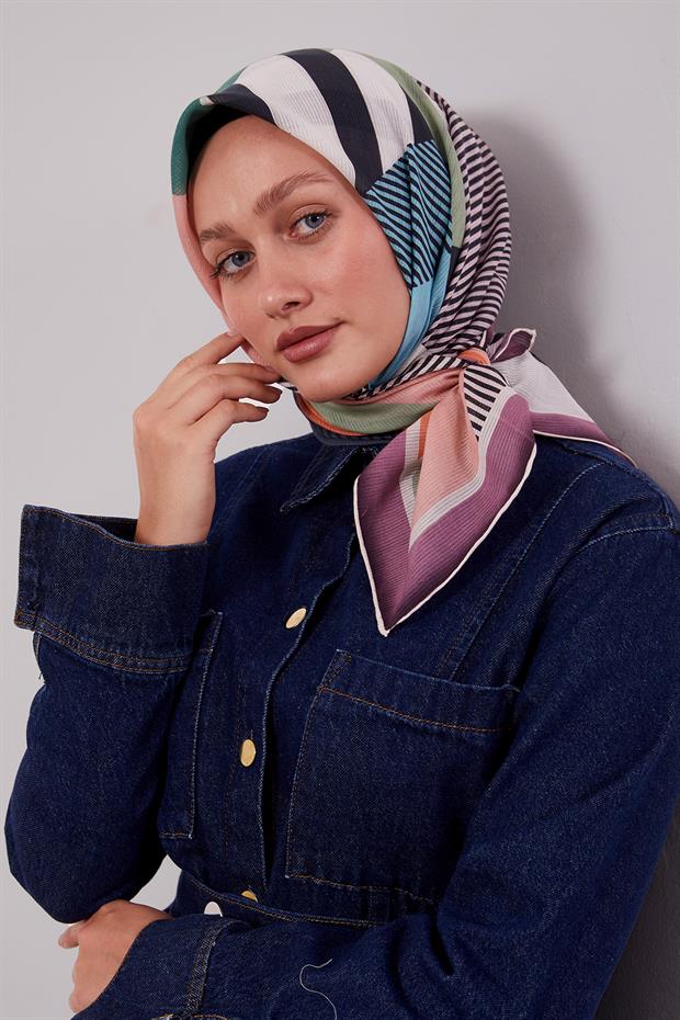 Lila Geometrik Desen Pamuk Eşarp