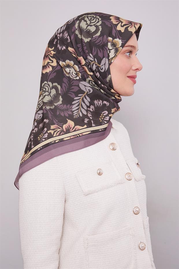 Lila Gül Desen Aura Eşarp