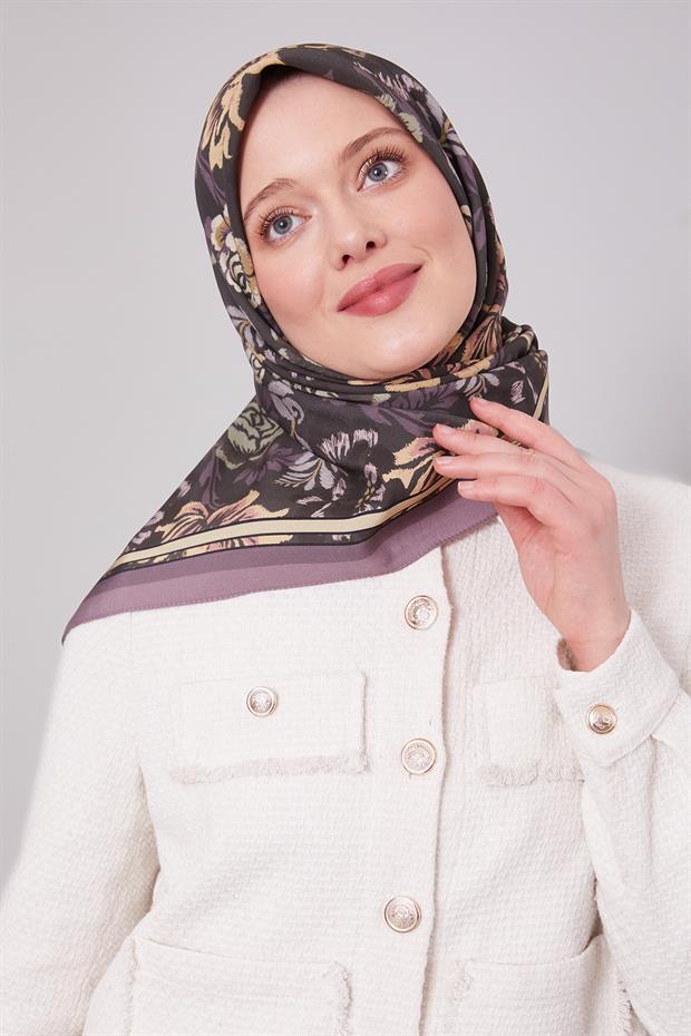 Lila Gül Desen Aura Eşarp