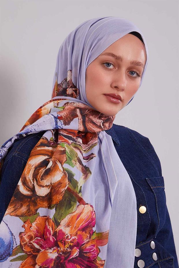 Lila Gül Desen Pamuk Şal