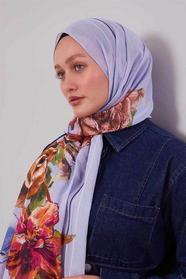 Lila Gül Desen Pamuk Şal