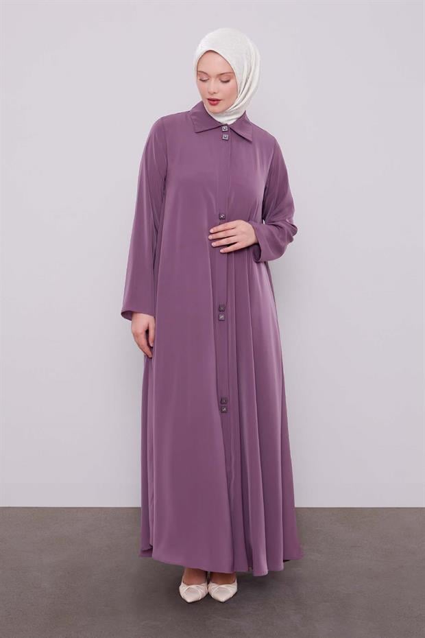 Lila İkili Düğme Detaylı Ferace