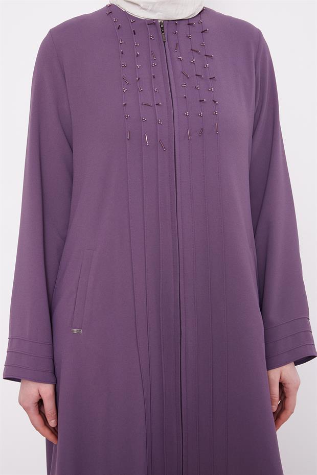 Lila Yaka Şerit Detaylı Ferace