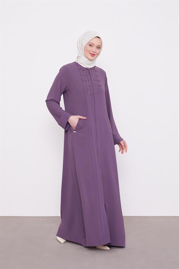 Lila Yaka Şerit Detaylı Ferace