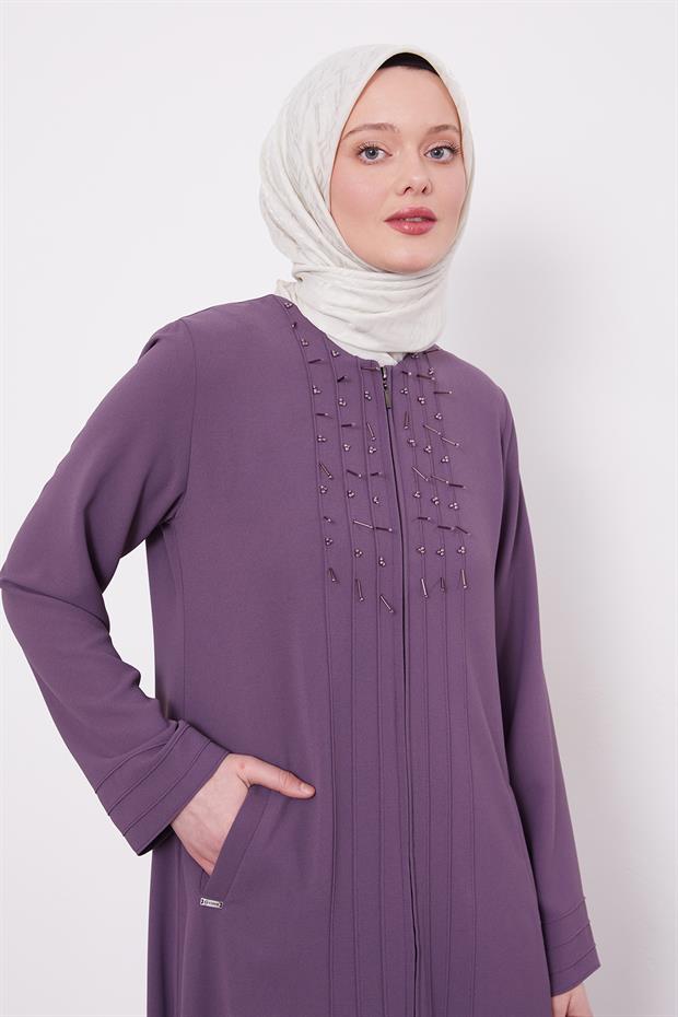 Lila Yaka Şerit Detaylı Ferace