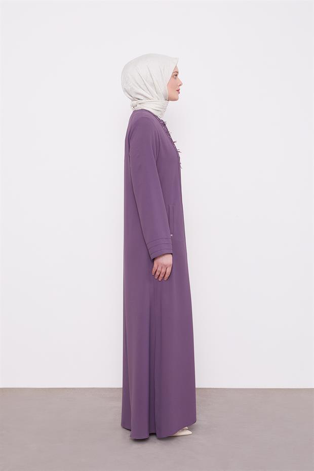 Lila Yaka Şerit Detaylı Ferace