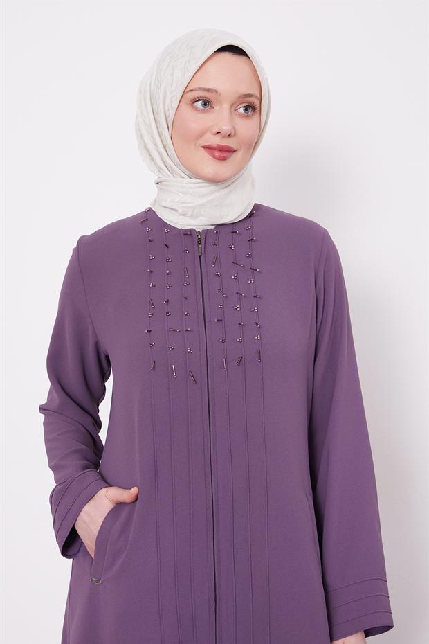 Lila Yaka Şerit Detaylı Ferace