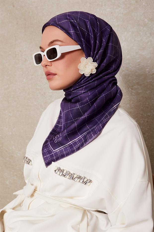 Lila Kareli Twill İpek Eşarp