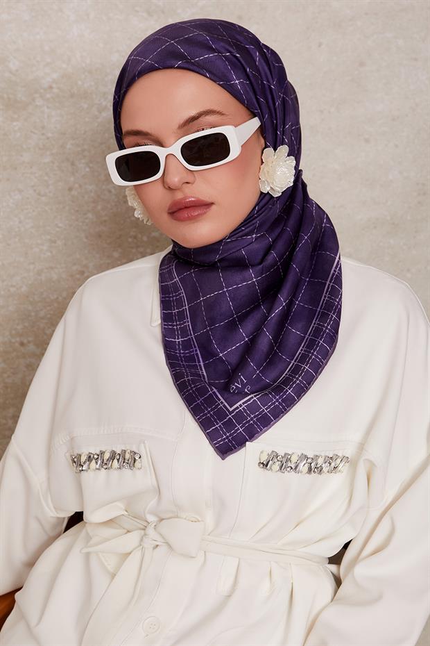 Lila Kareli Twill İpek Eşarp