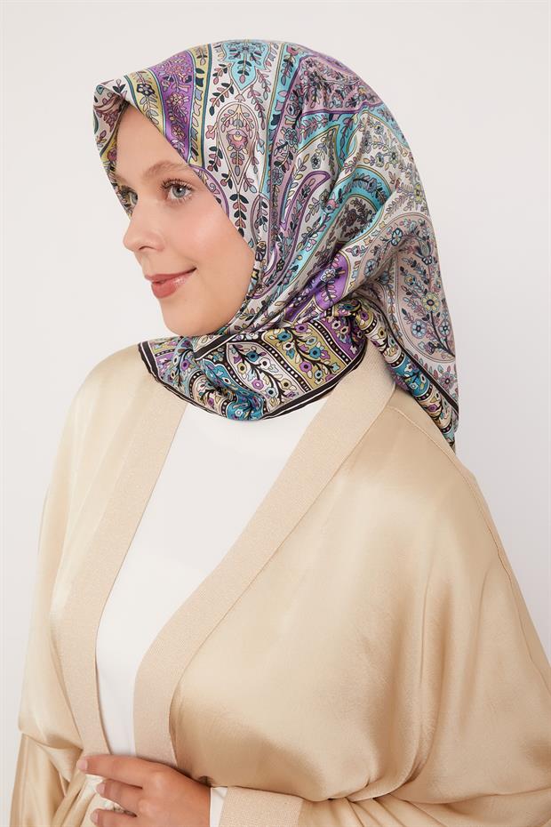 Lila Karışık Hint Desen Twill İpek Eşarp