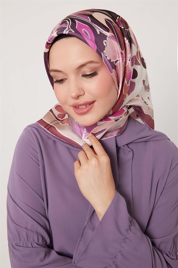 Lila Karışık Çiçek Desen Twill İpek Eşarp