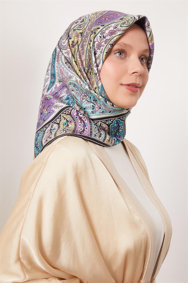 Lila Karışık Hint Desen Twill İpek Eşarp