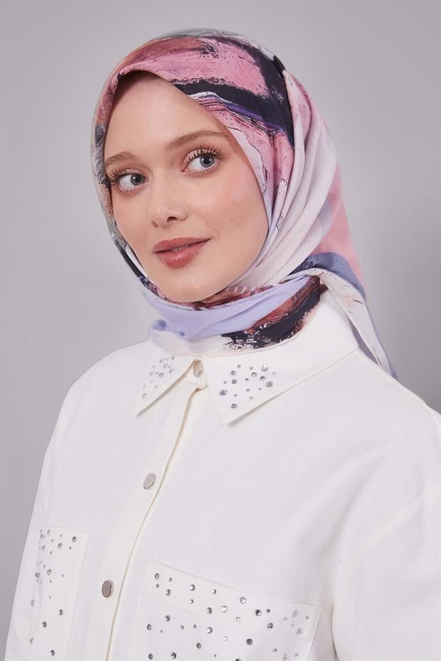 Lila Karışık Desen Pamuk Eşarp