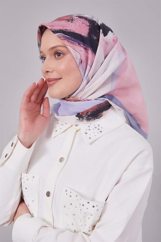 Lila Karışık Desen Pamuk Eşarp