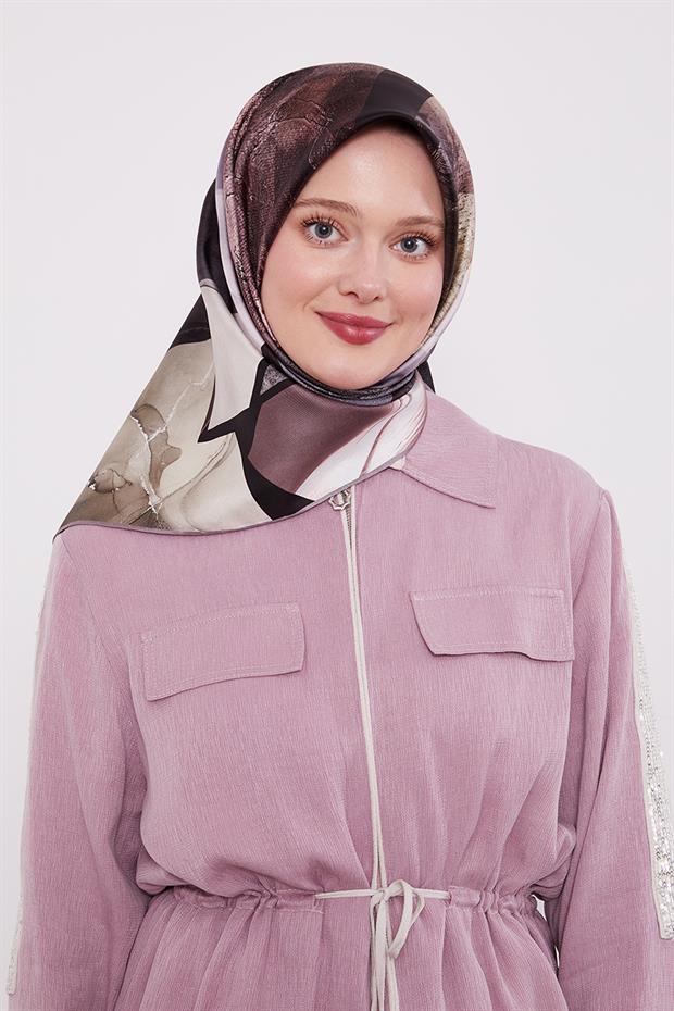 Lila Mermer Desen Twill İpek Eşarp