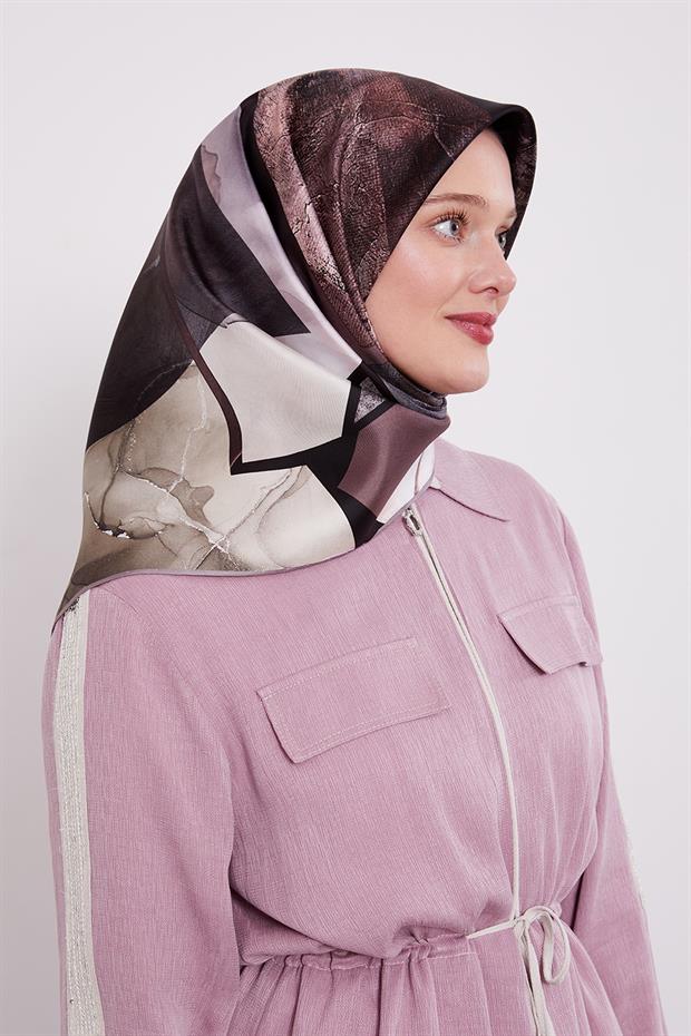 Lila Mermer Desen Twill İpek Eşarp