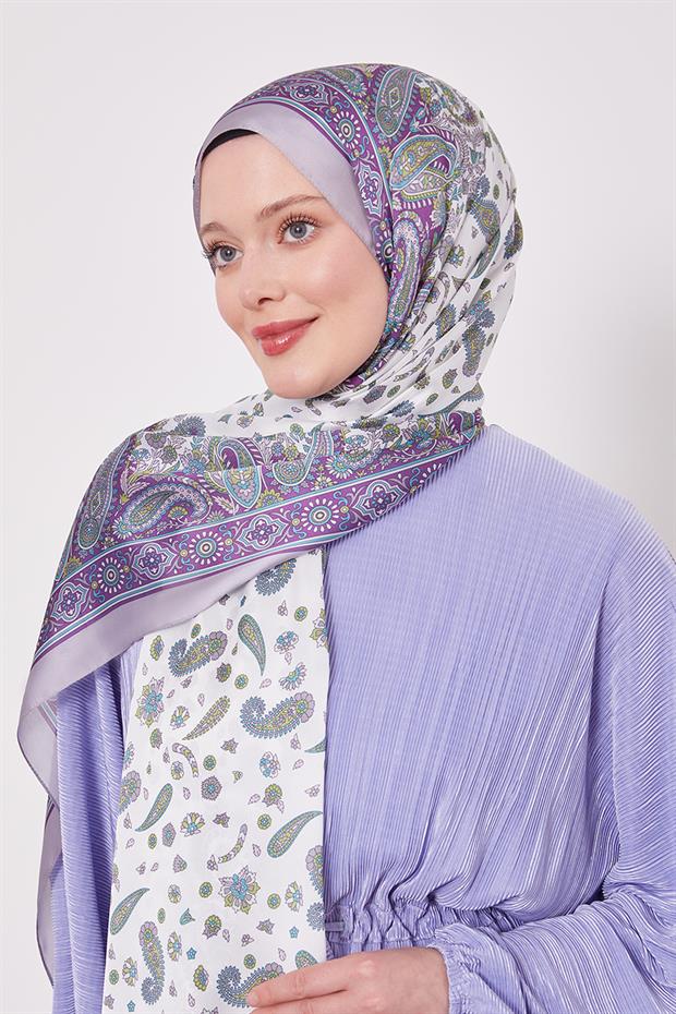 Lila Karma Çiçek Hint İpeği Şal