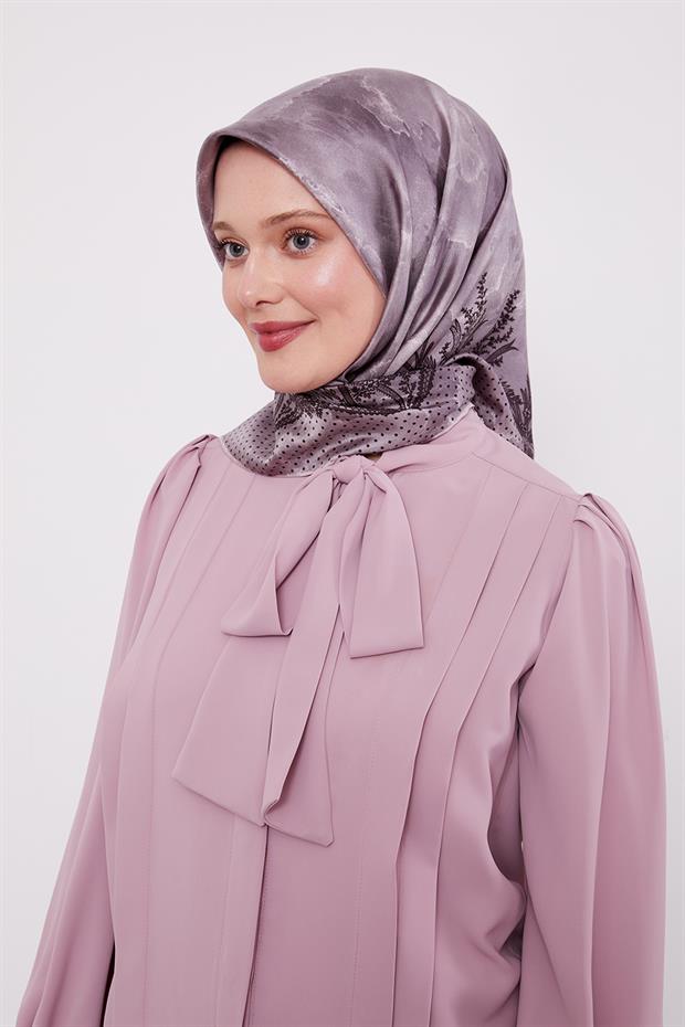 Lila Kenar Benekli Twill İpek Eşarp