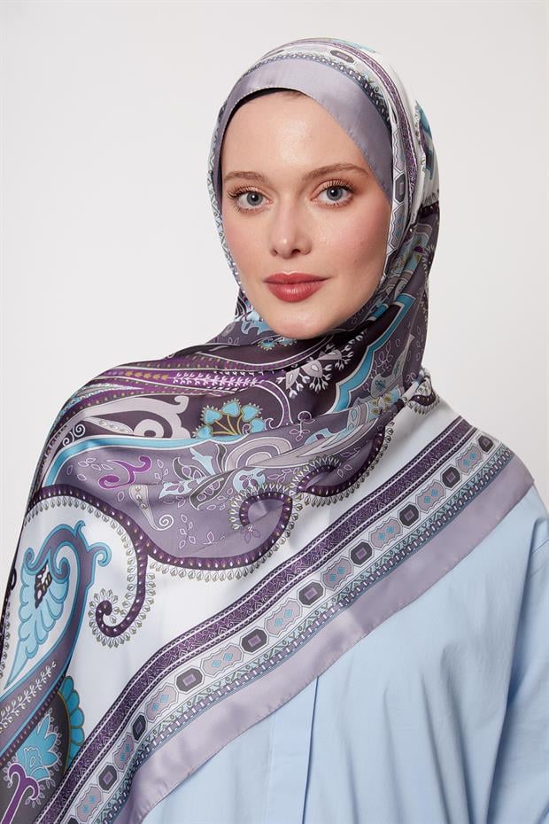 Lila Kenar Desen Hint İpeği Şal