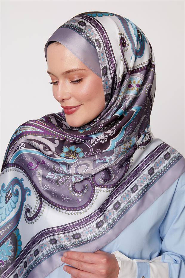 Lila Kenar Desen Hint İpeği Şal