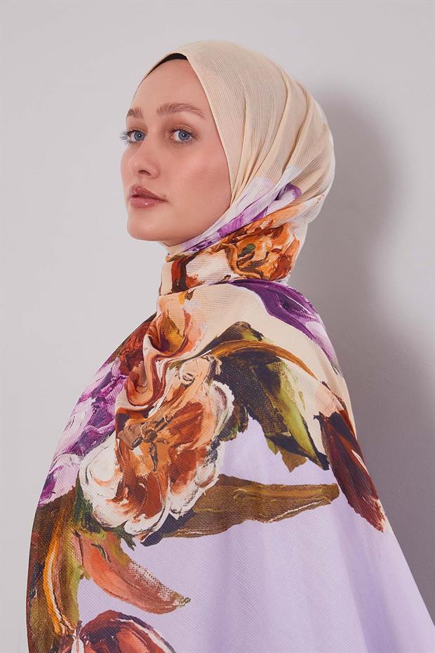 Lila Lale Desen Pamuk Şal