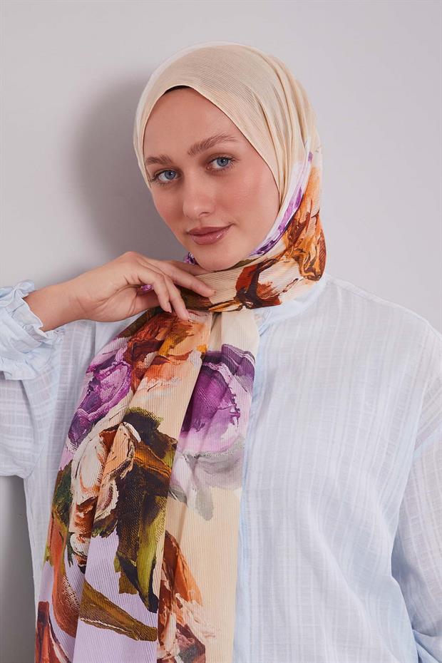 Lila Lale Desen Pamuk Şal