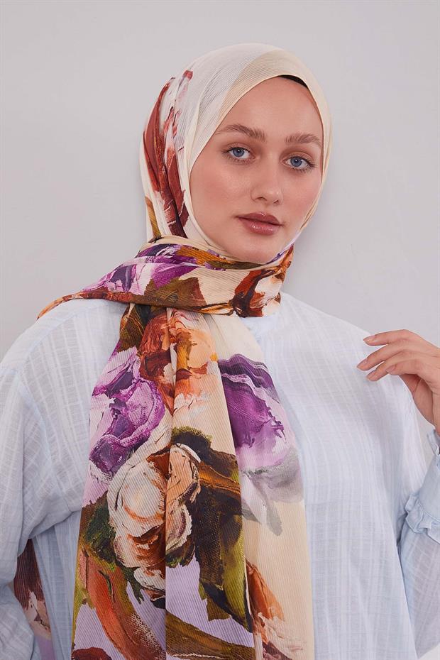 Lila Lale Desen Pamuk Şal