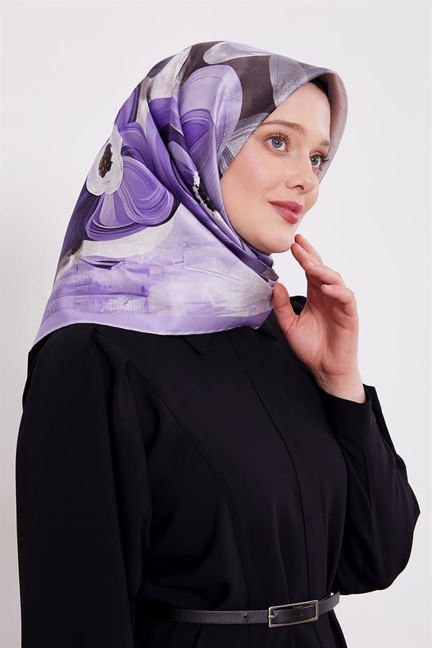 Lila Menekşe Desen Twill İpek Eşarp