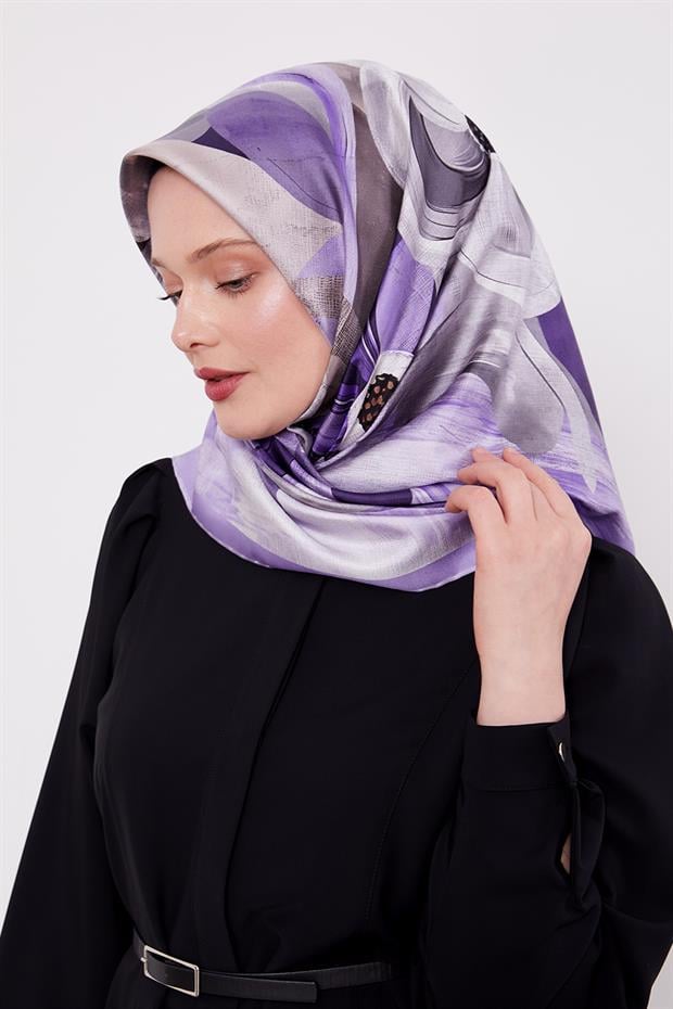 Lila Menekşe Desen Twill İpek Eşarp
