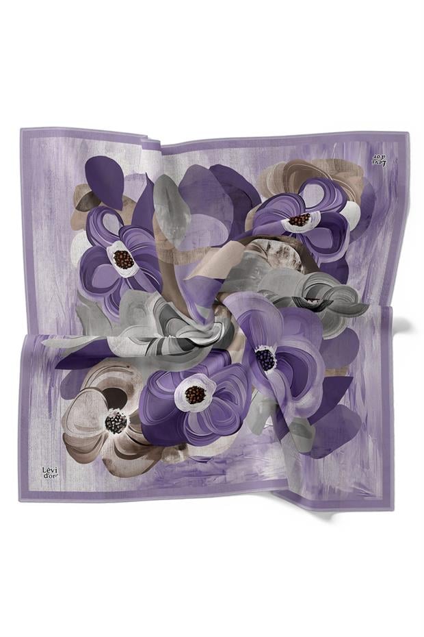 Lila Menekşe Desen Twill İpek Eşarp