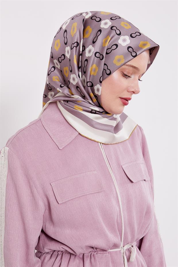 Lila Papatya Desen Twill İpek Eşarp