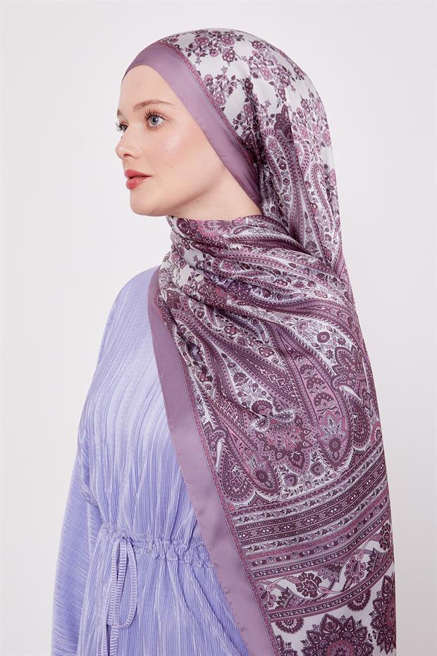 Lila Sarmal Desen Hint İpeği Şal