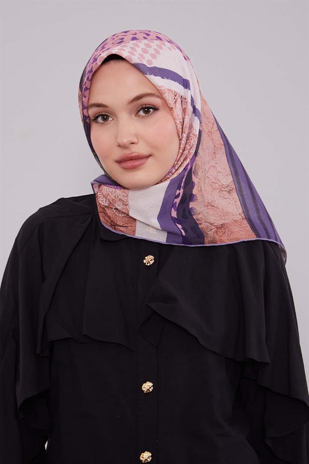 Lila Şerit Desen Pamuk Eşarp