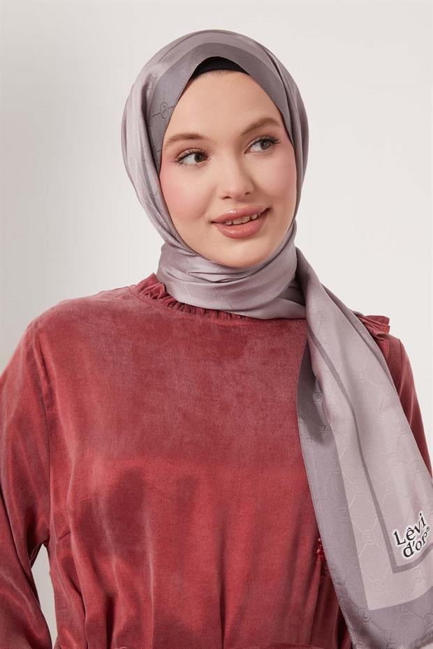 Lila Şerit Detay Monogram İpek Şal