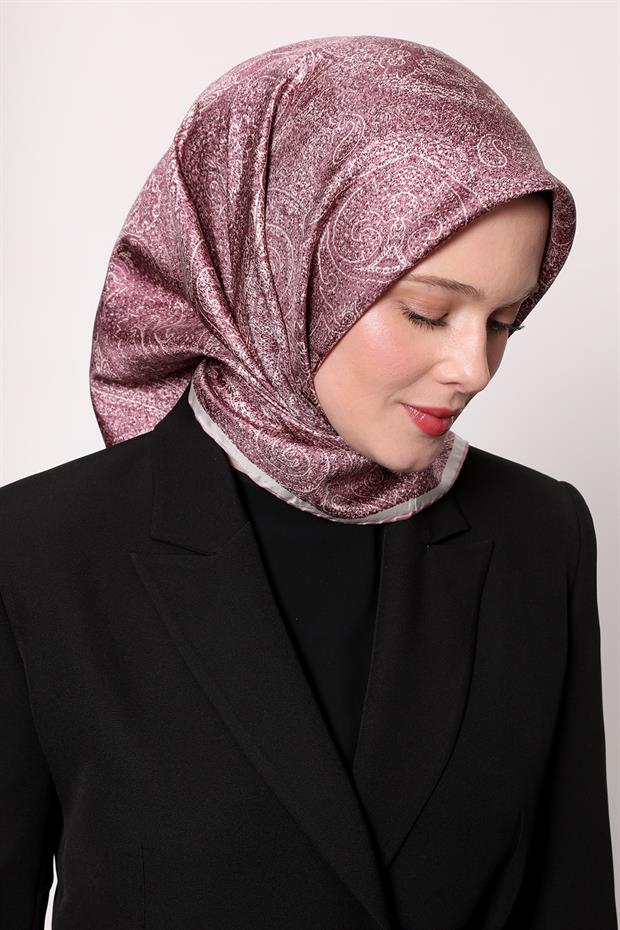 Lila Soyut Etnik Desen Twill İpek Eşarp