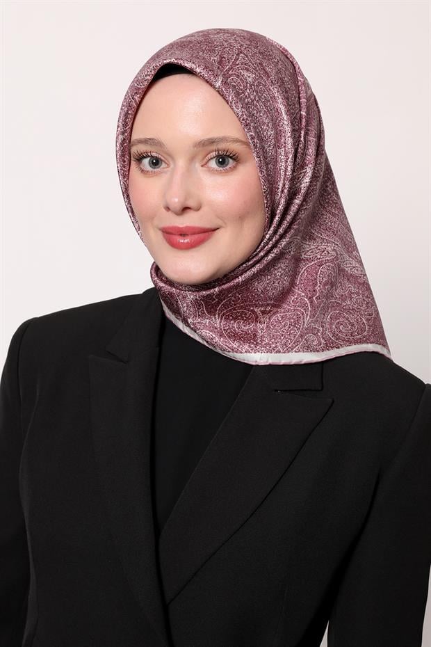 Lila Soyut Etnik Desen Twill İpek Eşarp