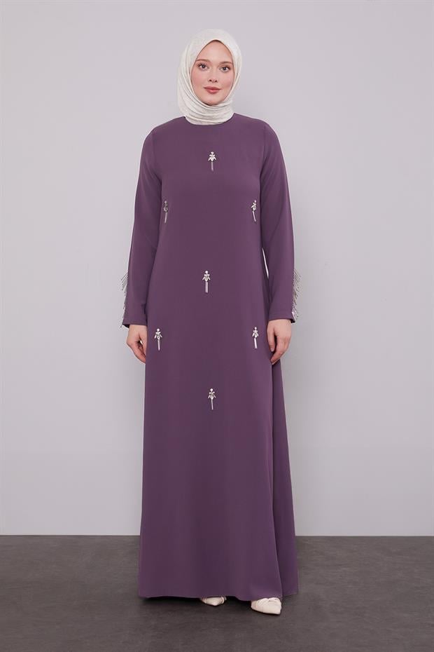 Lila Taş İşleme Detaylı Elbise
