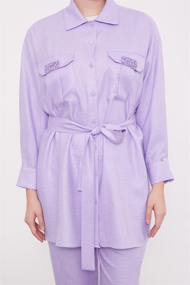 Lila Taşlı Cep Detaylı İkili Takım