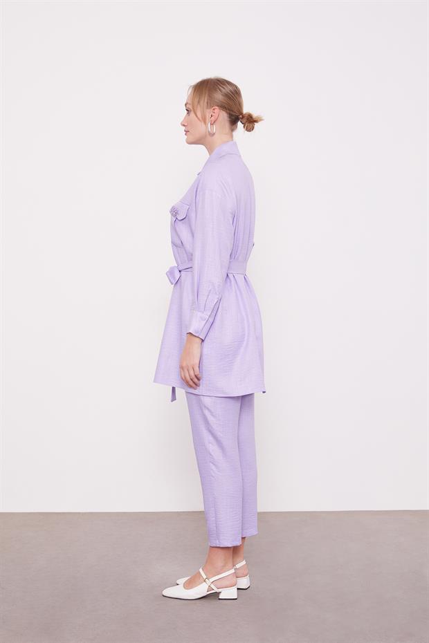 Lila Taşlı Cep Detaylı İkili Takım