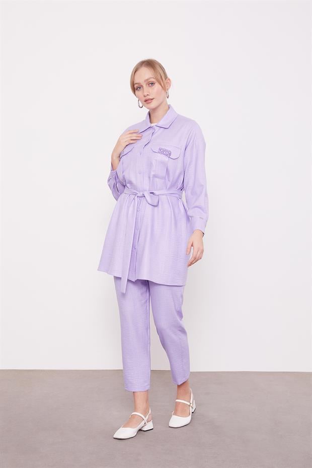 Lila Taşlı Cep Detaylı İkili Takım