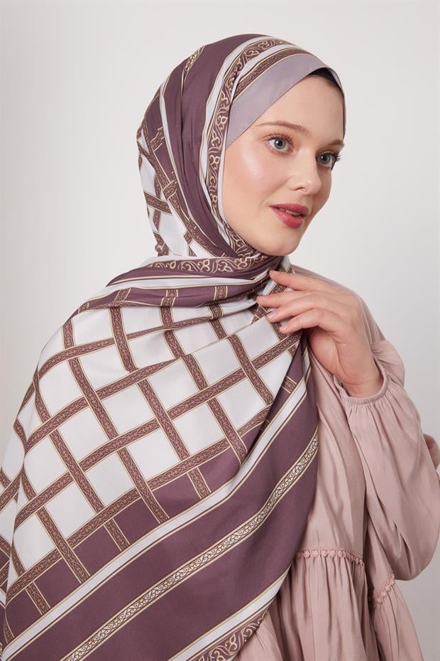 Lila Şeritli Varak Desen Love Şal