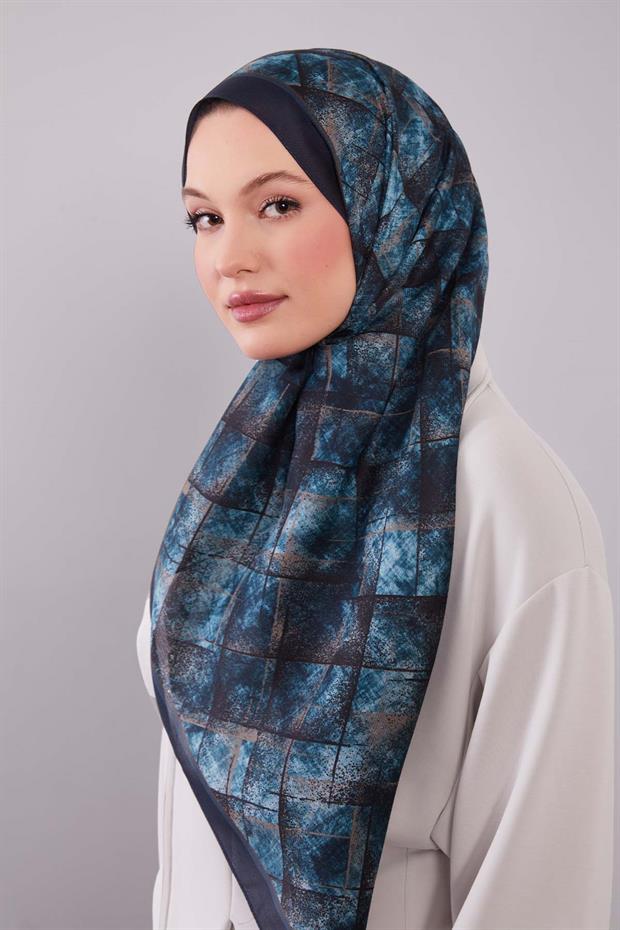 Mavi Baklava Desen Yün İpek Şal