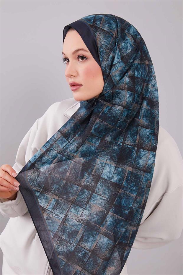 Mavi Baklava Desen Yün İpek Şal